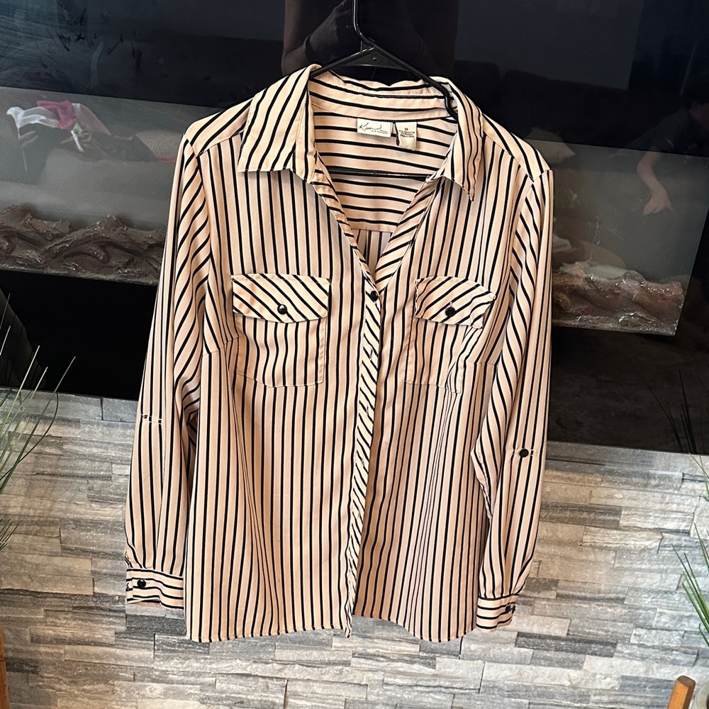 Kim Rogers - Cream Button-Up Shirt with Black Stripes